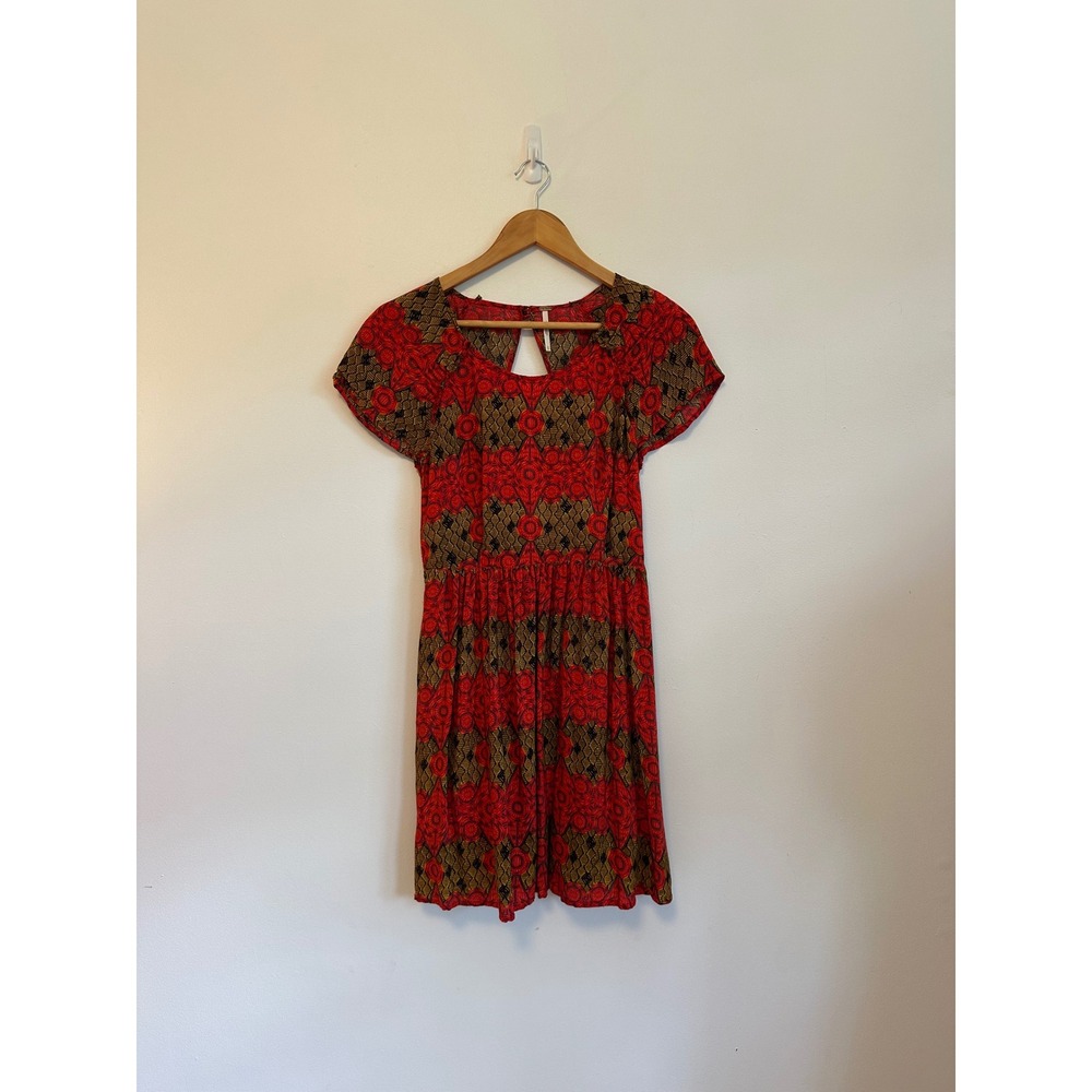 Free People Red and Gold Print Open Back Mini Dress | Size Small‎